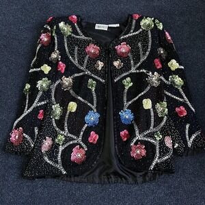 Sweelo Dressy Jacket Womens XL Black Silk Sequin Beaded Floral Evening